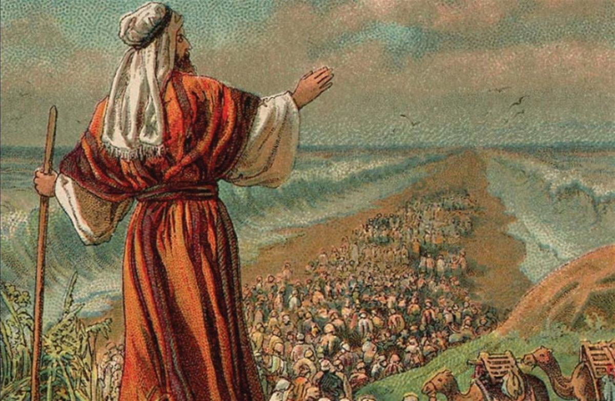 The parting of the Red Sea from a Bible card published in 1907 by the Providence Lithograph Company. Image via Wikimedia Commons.