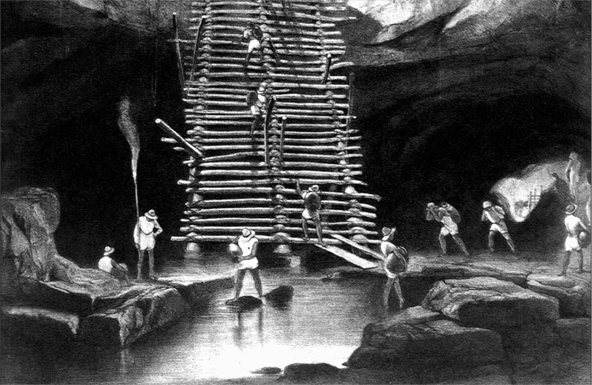 Lithograph from Frederick Catherwood’s Views of Central America, Chiapas, and Yucatán (Catherwood 1844) showing the largest ladder (ladder is much taller than header image shows) in the cenote called Xtacumbi Xunan at Bolonchen. Courtesy of George Stuart. Image and caption via Jesper Nielsen, “The Great Ladder of Ocosingo: A Twentieth-Century Example of Maya Building Techniques,” The Pari Journal 13, no. 1 (2012): 2.