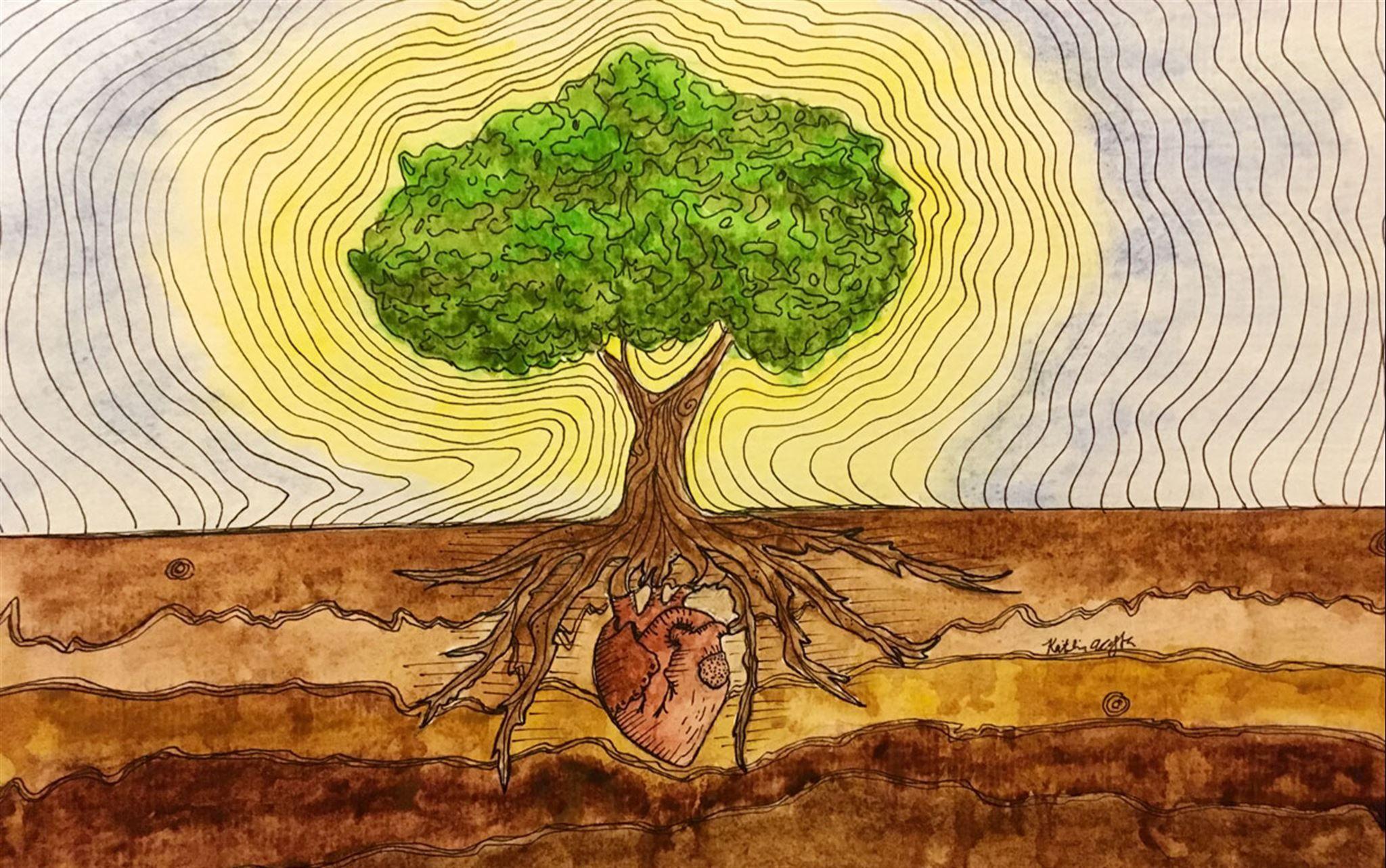 A drawing of a tree growing out of a heart