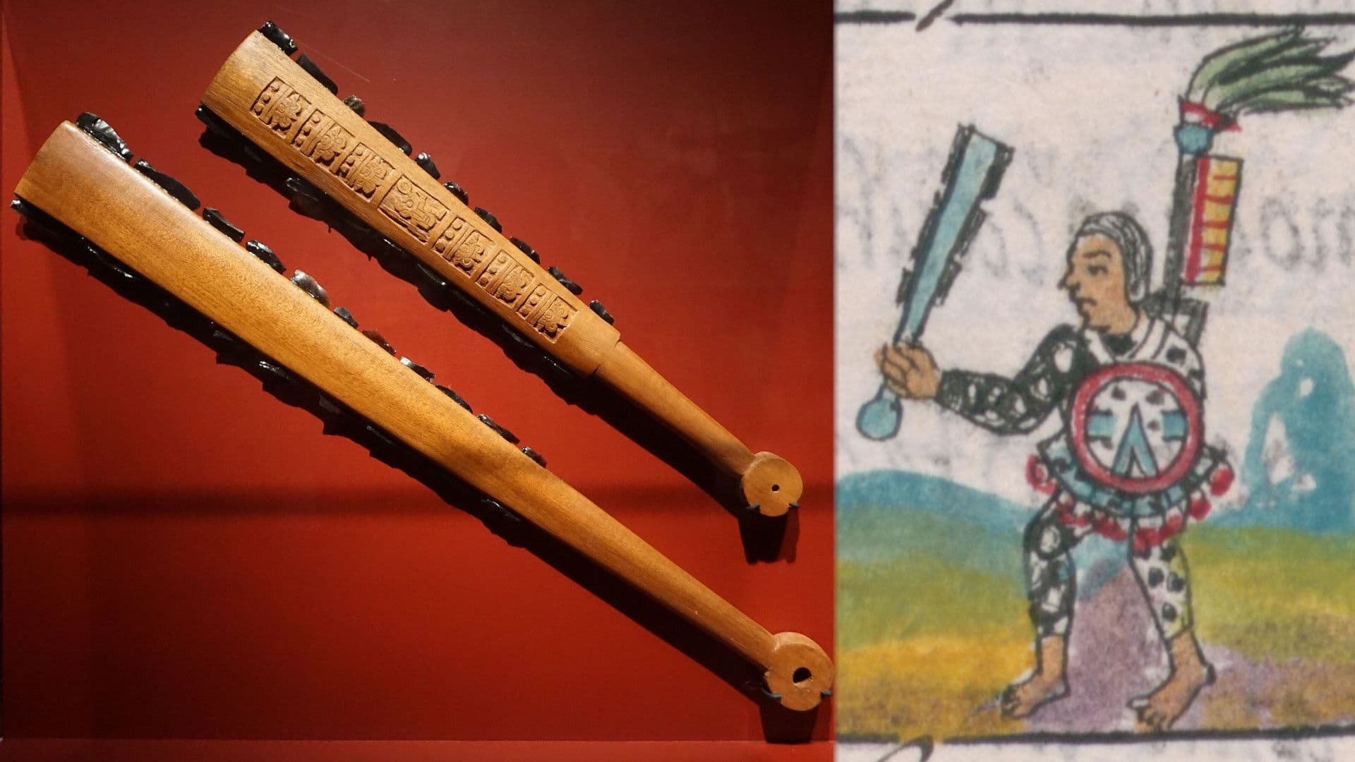 Detail of an image from the 16th century Florentine Codex (Vol. IX). The warrior in the image wields a macuahuitl. Public domain images