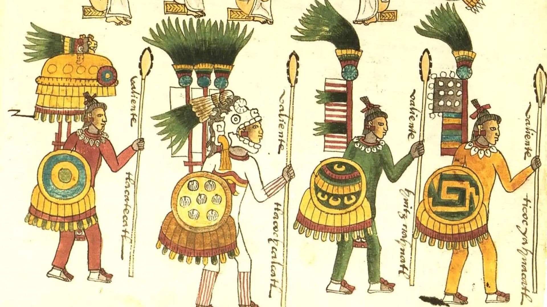 A page from the Codex Mendoza depicting Aztec warriors. Public Domain Image