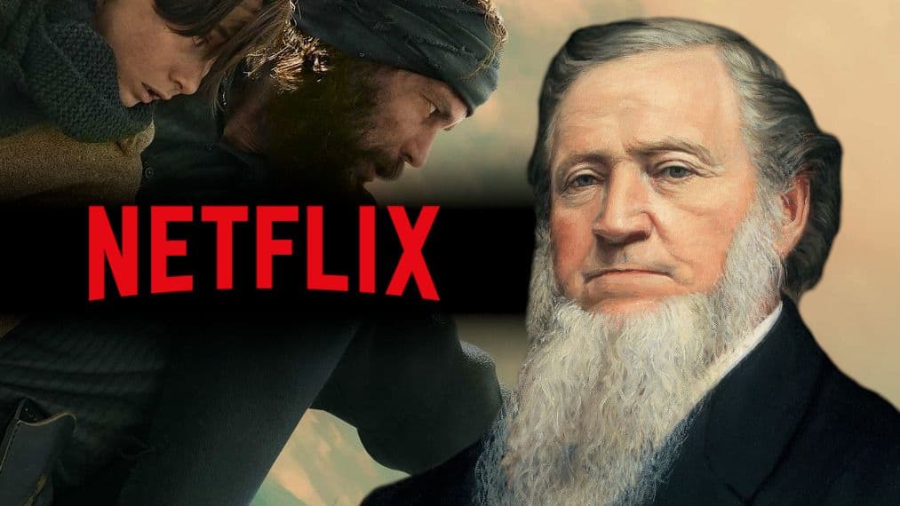 Detail from the poster for “American Primeval,” overlaid with the Netflix logo, next to an image of Brigham Young