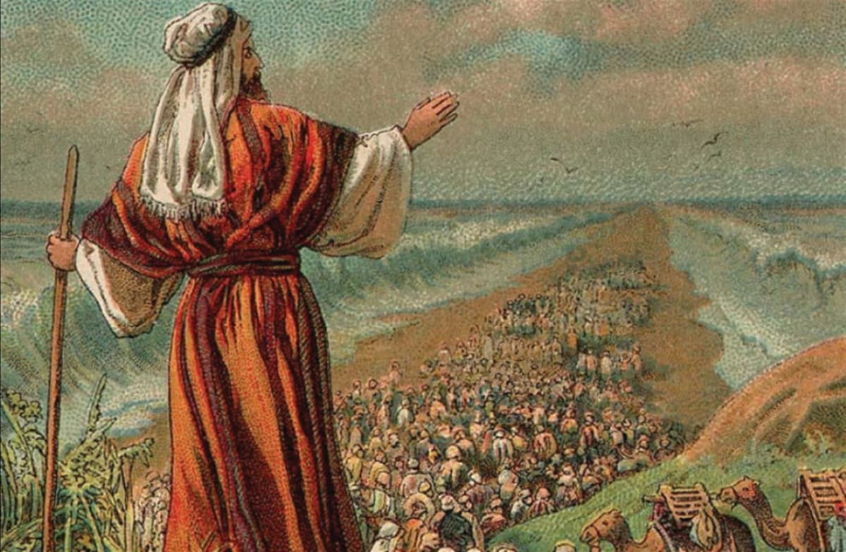 The parting of the Red Sea from a Bible card published in 1907 by the Providence Lithograph Company. Image via Wikimedia Commons.