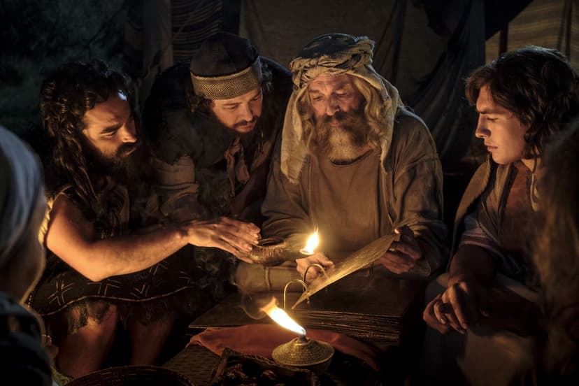 Lehi and his family study the brass plates. Image via churchofjesuschrist.org.