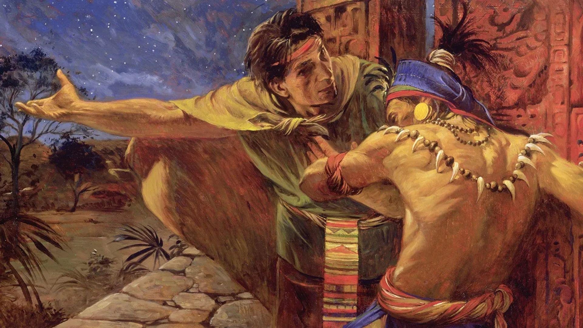 Alma points Korihor's attention to God's creations in this painting by Walter Rane titled “All Things Denote There is a God".