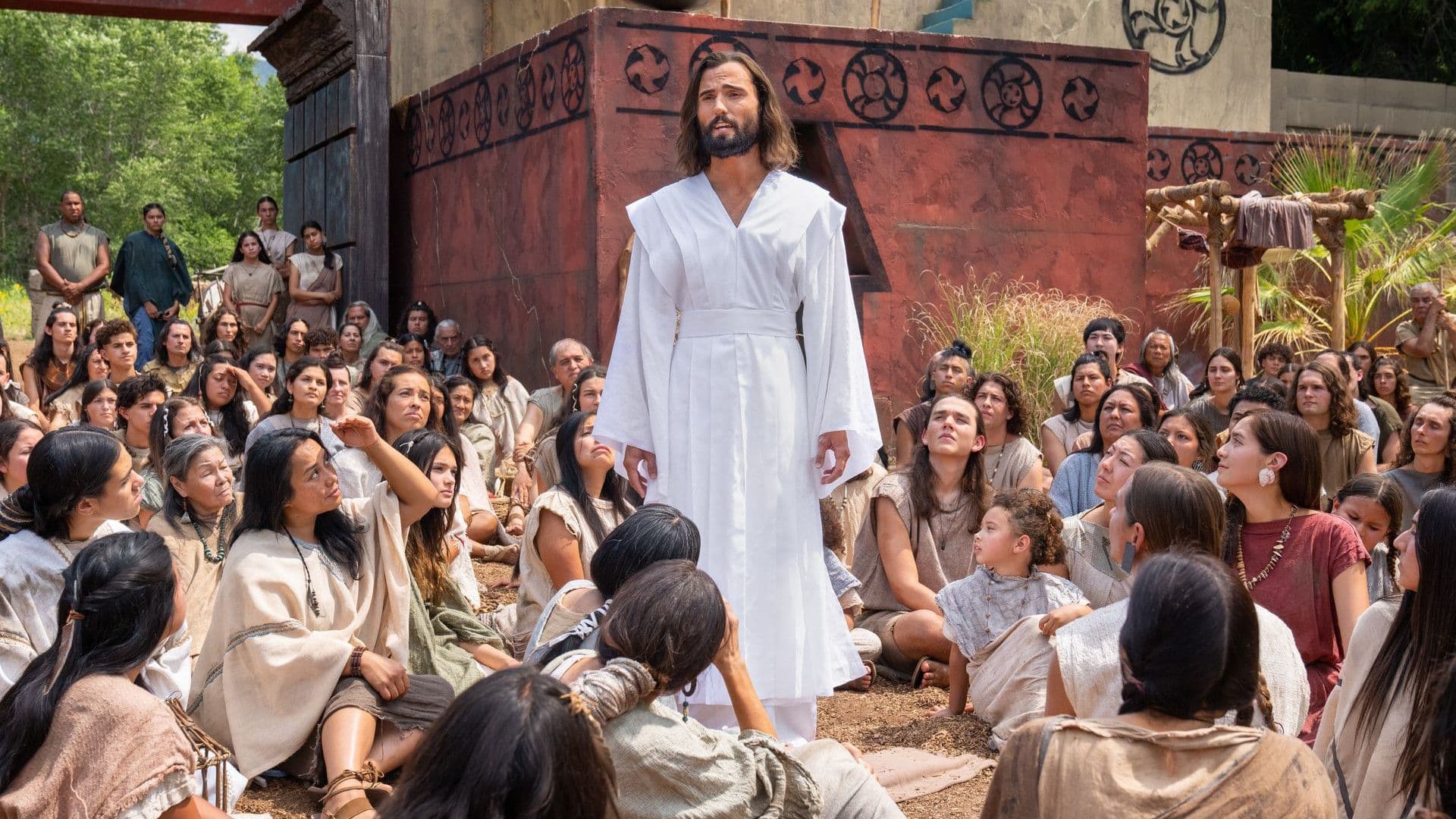 Jesus teaches the people at the temple in Bountiful after his resurrection. Still from the Book of Mormon Videos of The Church of Jesus Christ of Latter-day Saints