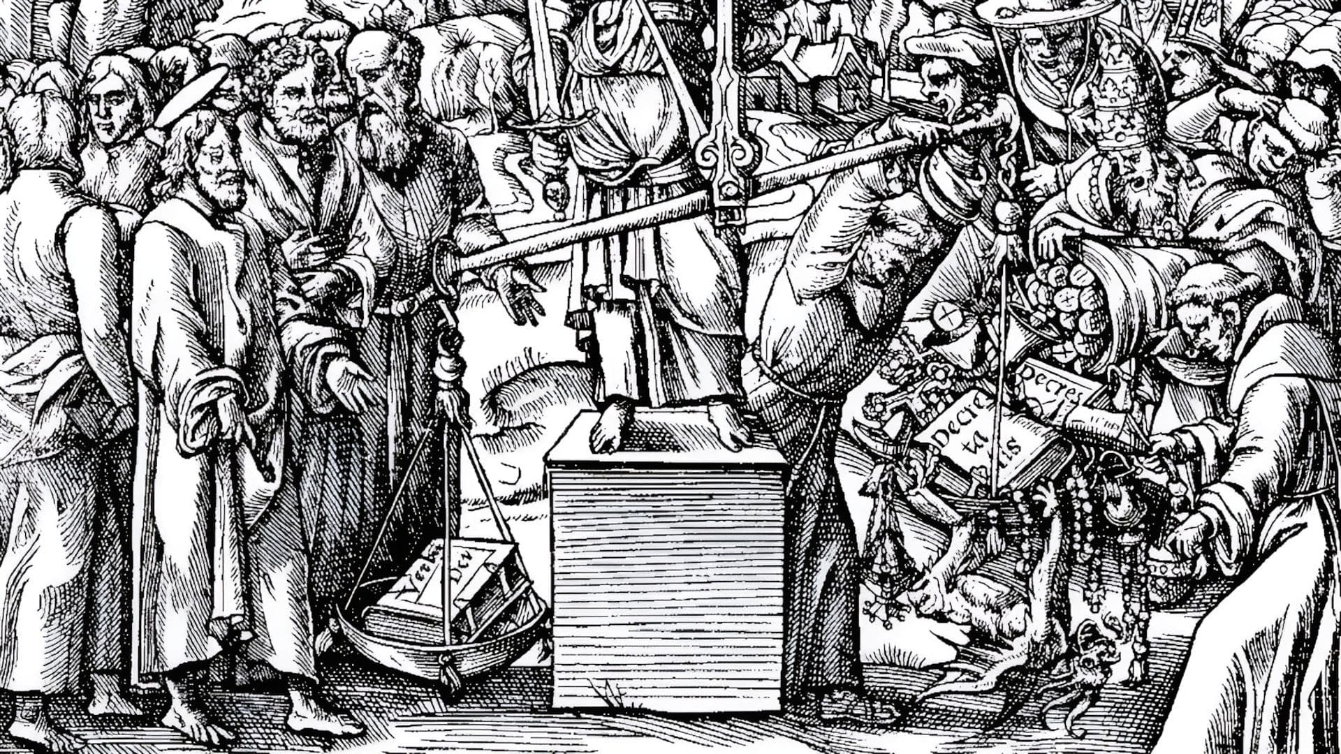 Detail from an illustration in Acts and Monuments by John Foxe. The image is accompanied by the caption, “A lively picture describing the weight and substance of God's most blessed word against the doctrines and vanities of man's traditions.”