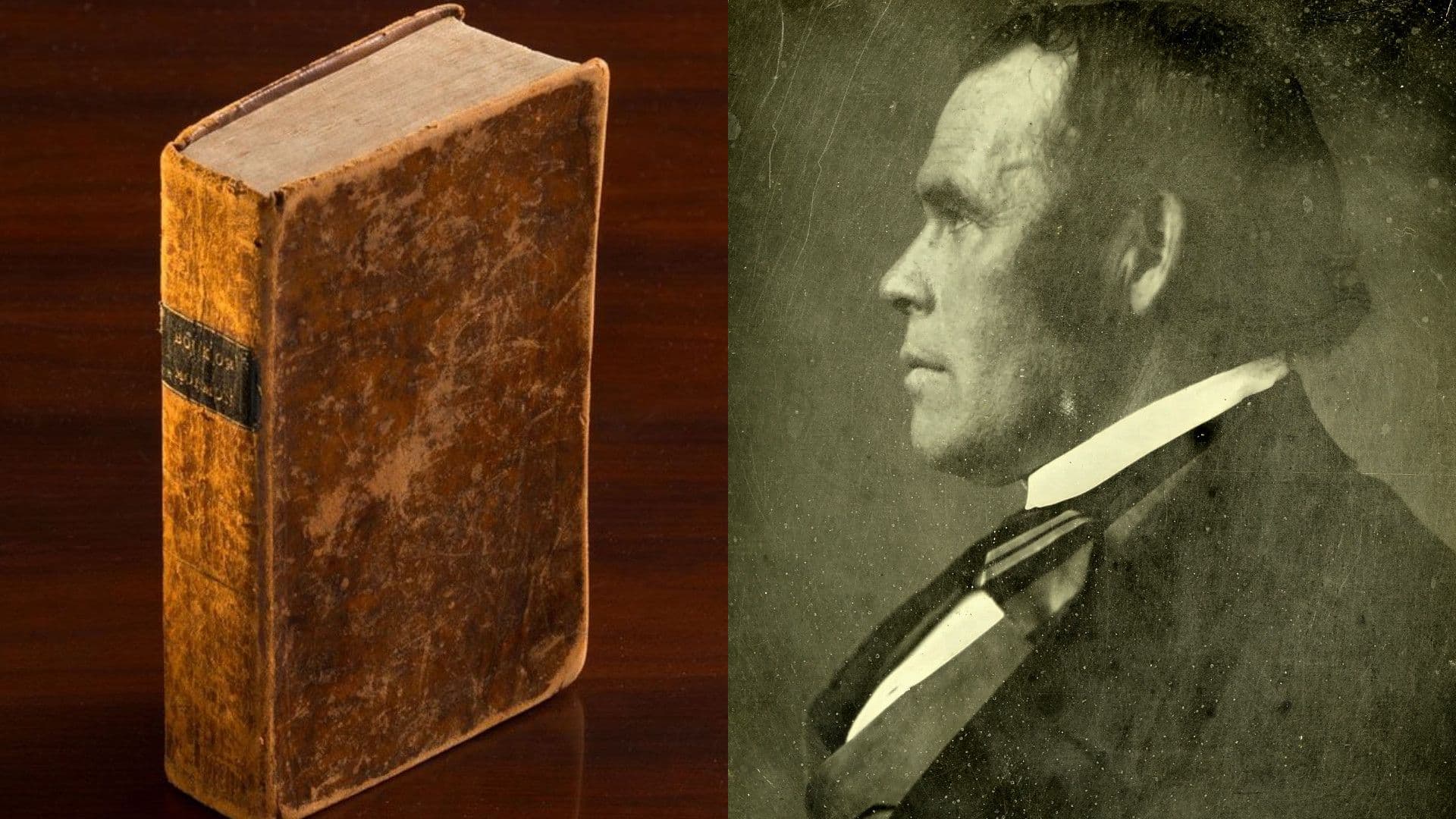 A first edition copy of The Book of Mormon and a photograph of Parley P. Pratt in profile.