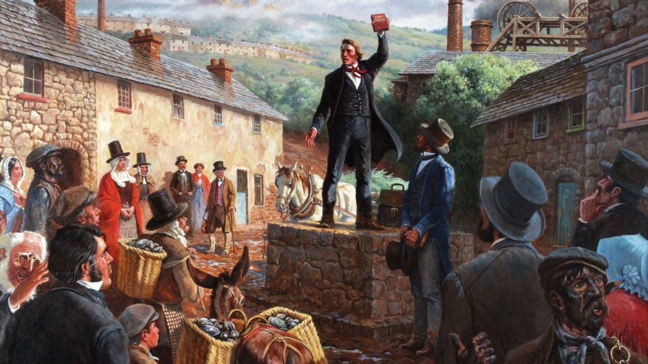 A painting of Dan Jones standing on a well in a town square, holding up a copy of The Book of Mormon and preaching to an assembled crowd.