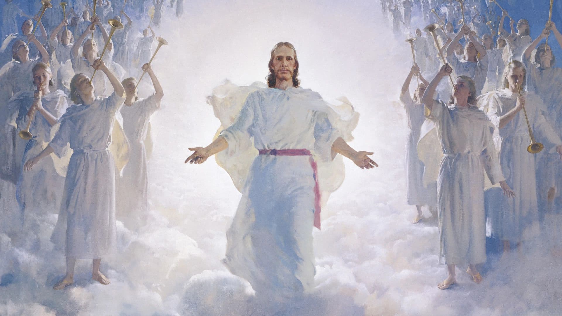 A painting of Jesus with his arms wide walking through clouds, flanked on either side by groups of angels blowing horns.