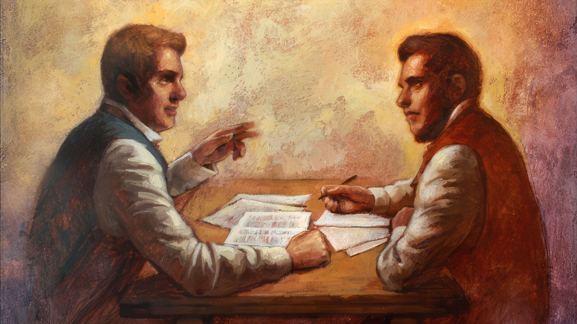 Joseph Smith and Sidney Rigdon working on Joseph Smith's Bible translation project. Image courtesy The Church of Jesus Christ of Latter-day Saints. Image upscaled using AI.