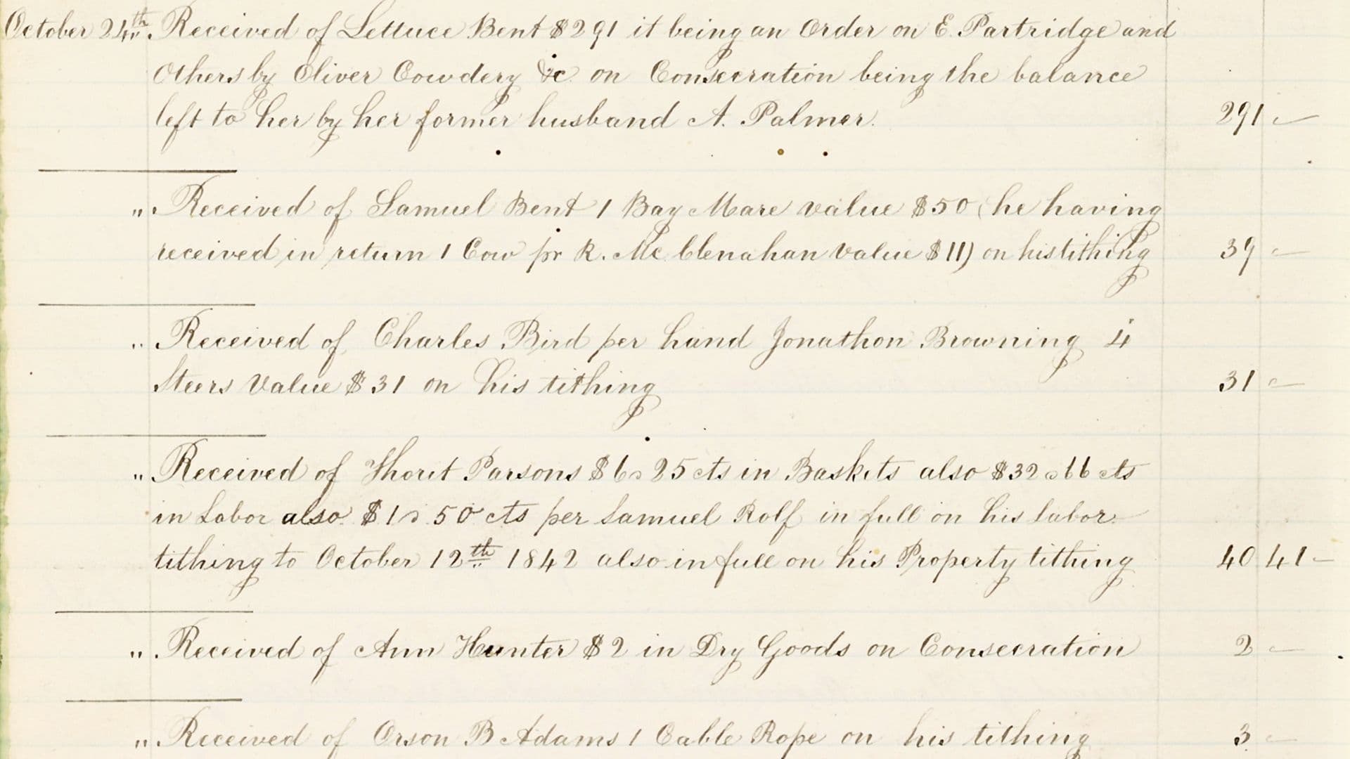 Entries in “The Book of the Law of the Lord,” a Nauvoo-era volume containing records of tithing and donations to the church. Image courtesy The Joseph Smith Papers.