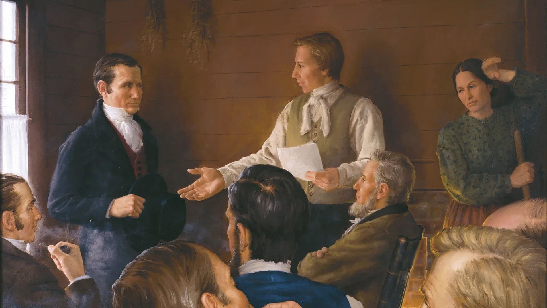 Joseph Smith and others converse in the School of the Prophets in Kirtland while Emma Smith stands to the side, cleaning, in this painting titled “Word of Wisdom Revealed” by Ken Corbett. Image courtesy The Church of Jesus Christ of Latter-day Saints.