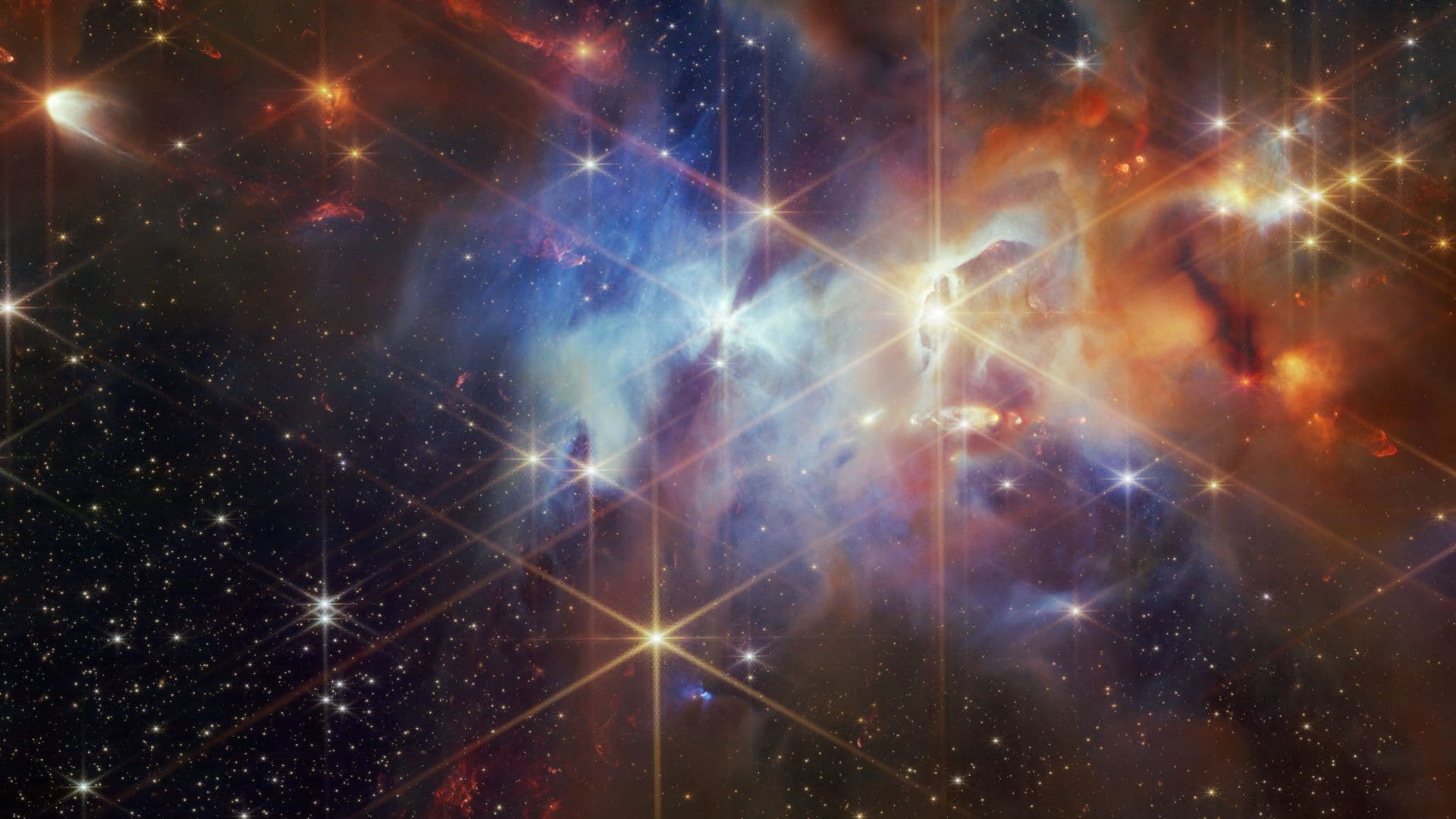 Detail from a photograph of the Serpens Nebula taken by the James Webb Space Telescope. Public Domain Image.