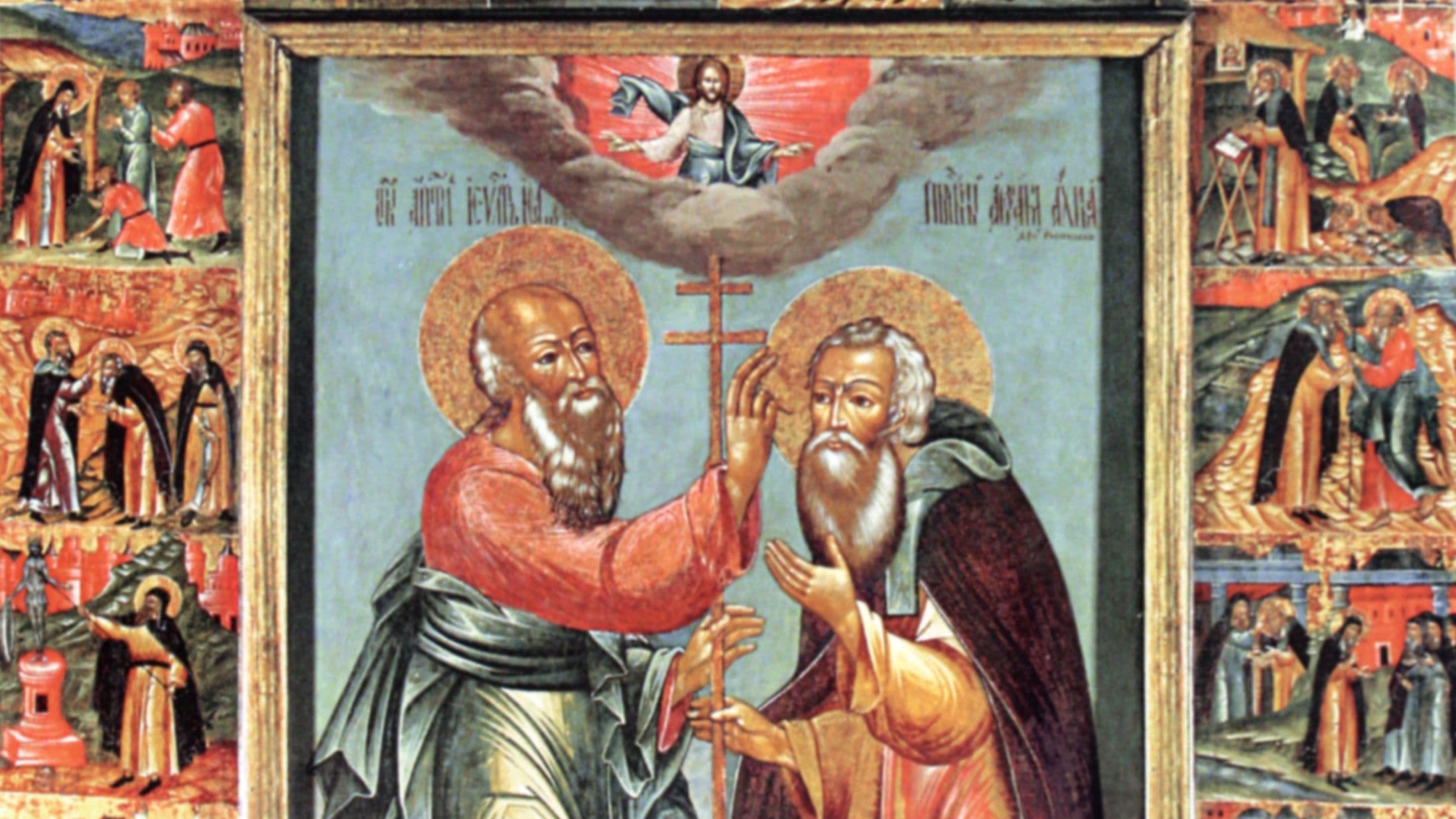 Detail from “The Appearance of the Apostle and Evangelist John the Theologian to the Venerable Abraham of Rostov, with the Life of the Venerable Abraham” by unknown artist. Image courtesy State Museum “Rostov – Kremlin.”