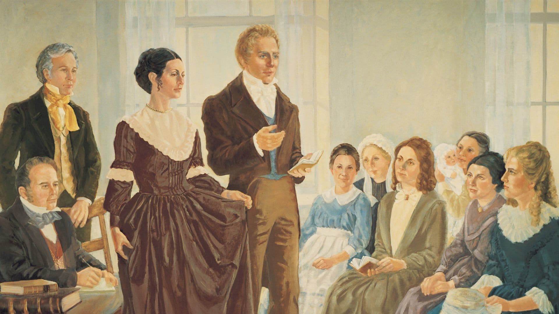 Detail of "Organization of the Relief Society" by Nadine Barton. Image courtesy of The Church of Jesus Christ of Latter-days Saints.