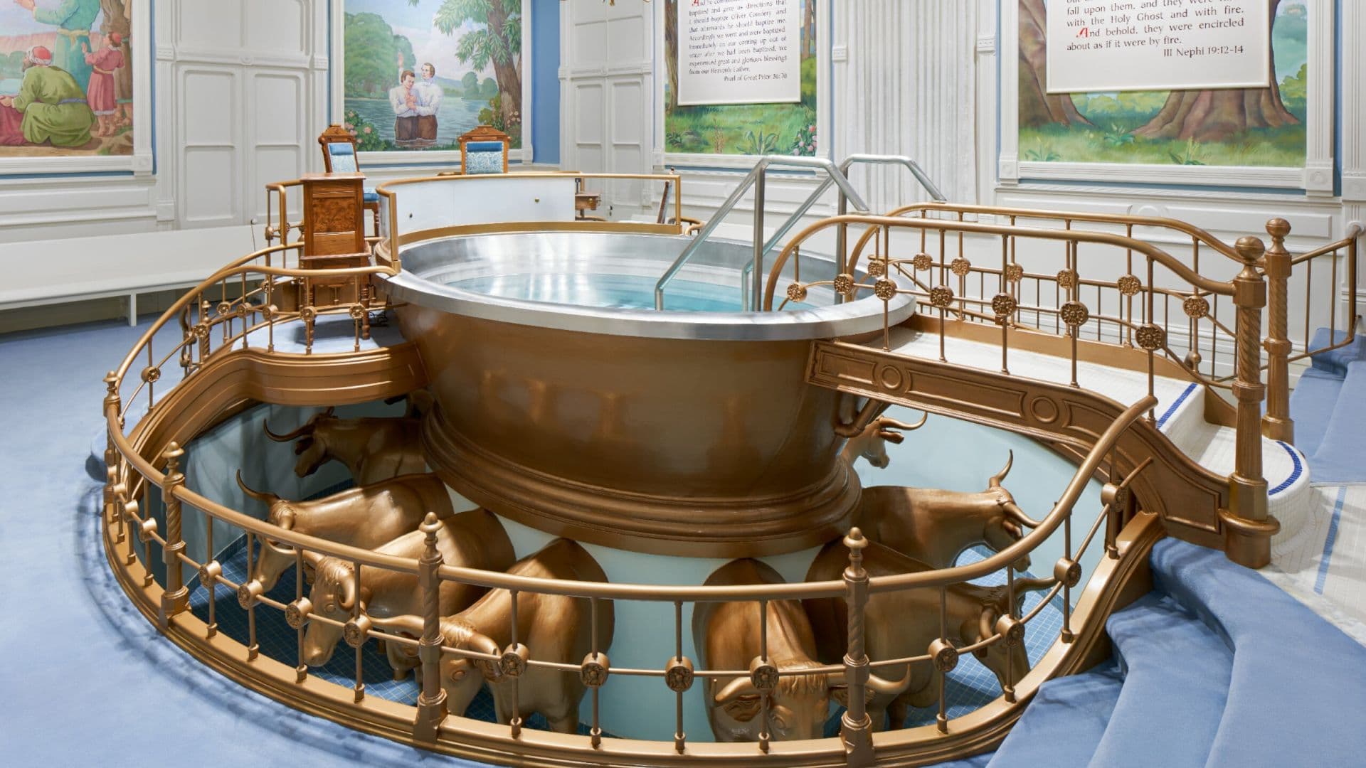 The baptismal font in the Manti, UT Temple. Image courtesy of The Church of Jesus Christ of Latter-day Saints.