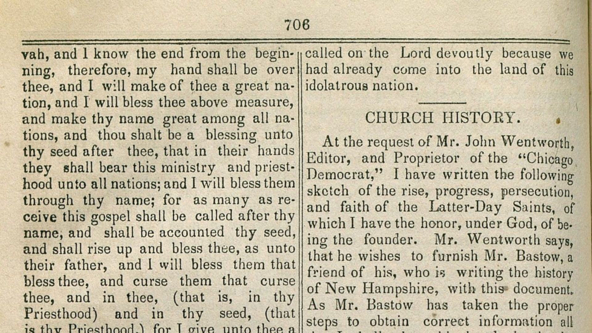 The beginning of the Wentworth Letter, seen in the 1 March 1842 Times and Seasons. Image courtesy of The Church of Jesus Christ of Latter-day Saints.